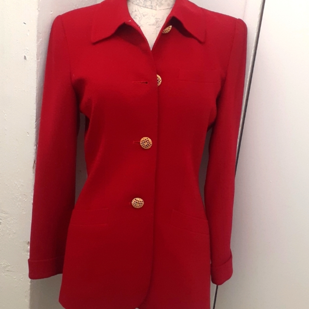 * Albert Nipon Red Wool Dress Blazer ? Size 10 gold buttons Trim front Jacket